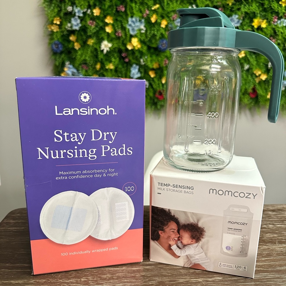 Bundle of Lansinoh Nursing Pads, Willow Pitcher, Momcozy Storage Bags
